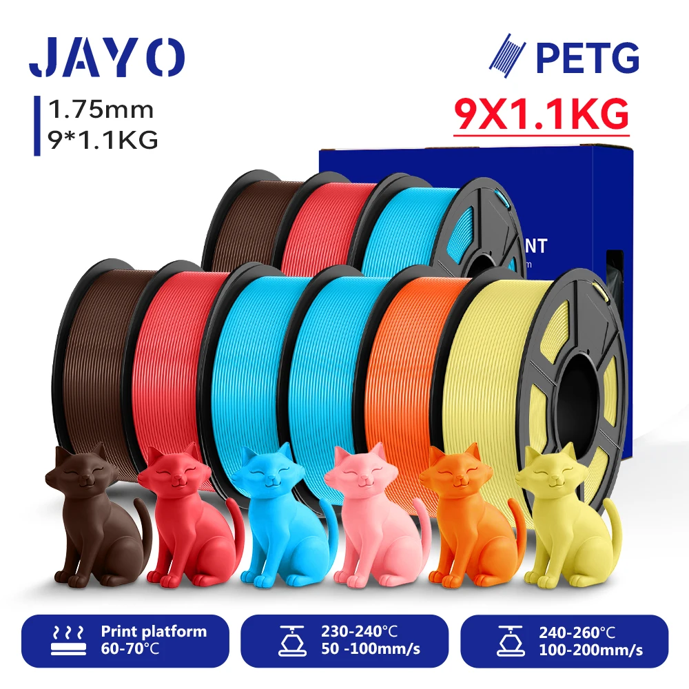 JAYO 9 Rollen 3D PETG/PETG Klares Druckerfilament 1,75 mm ±0,02 mm Hohe Zähigkeit & 100 % ordentlich gewickeltes Filament, passend für 99 % der 3D-FDM-Drucker