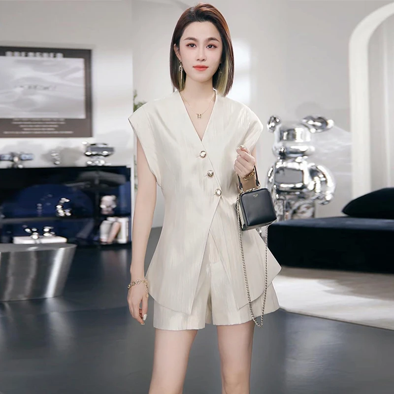 Fashion Summer Office Ladies Two Piece Set 2025 New High Quality Women V Neck Single Breasted Split Tops + Wide Leg Shorts Suits