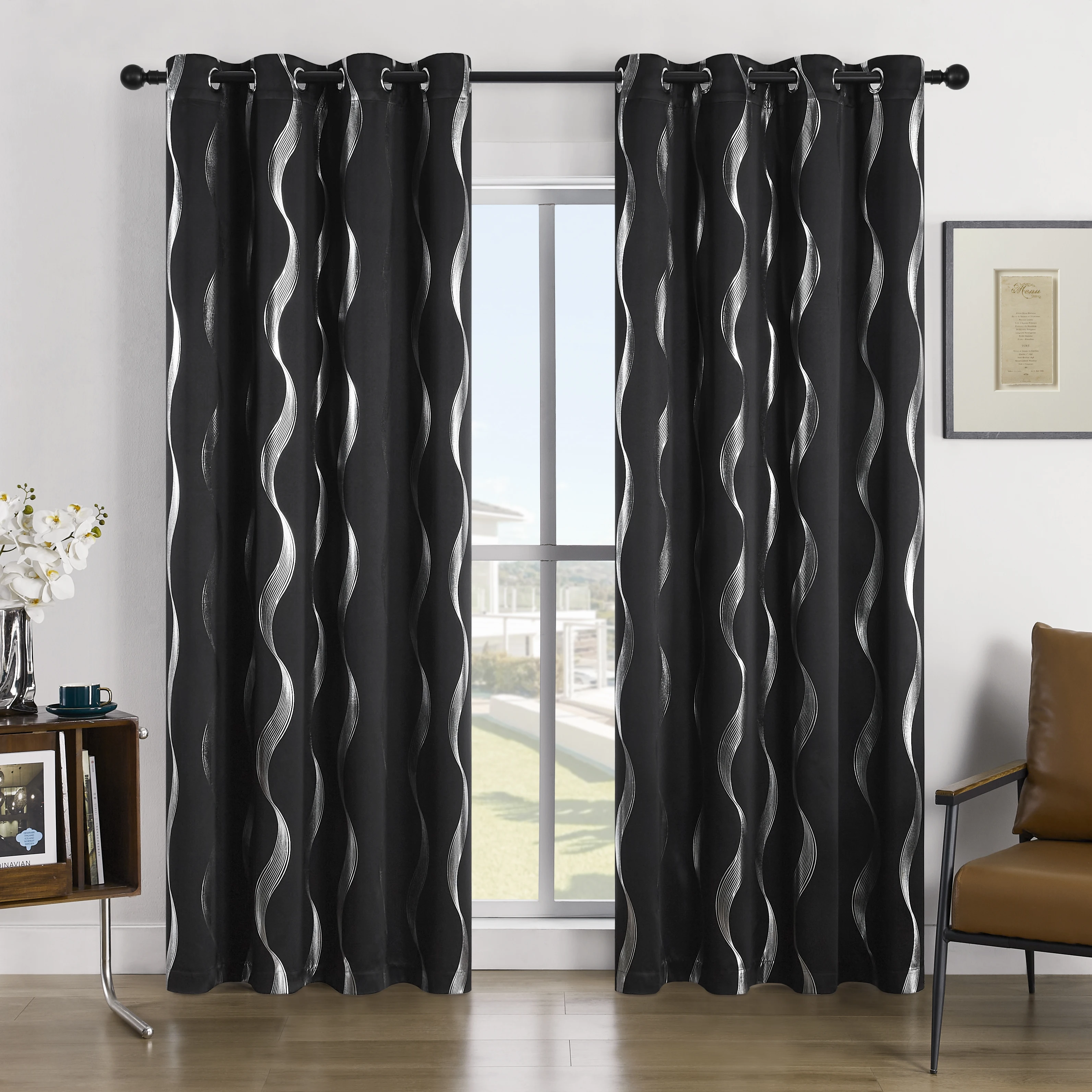 

Pack Of 2 Blackout Curtains Grommet Thermal Insulated Room Darkening With Wave Foil Printed For Bedroom