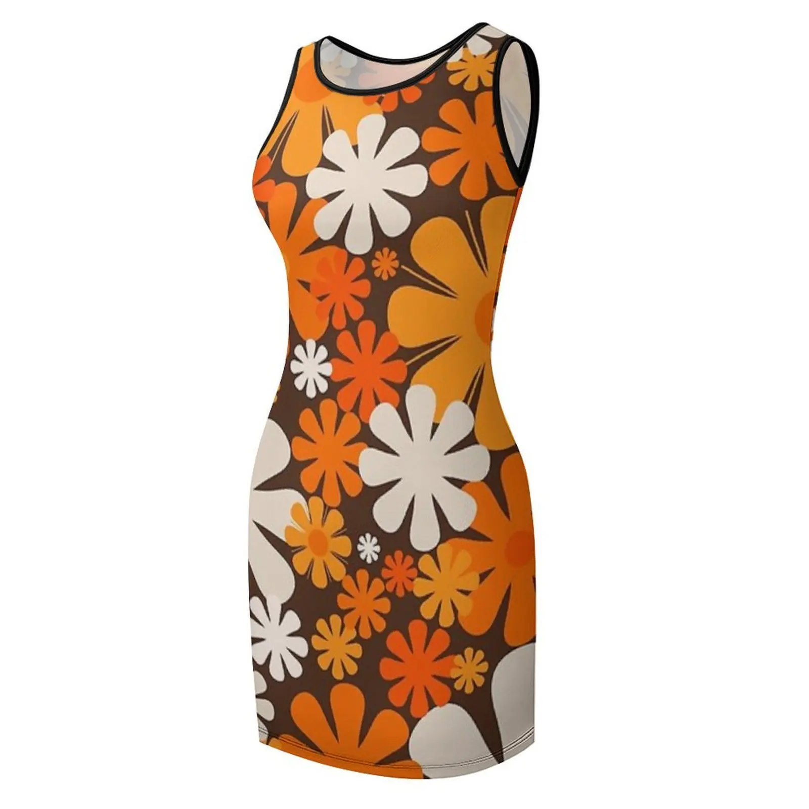 Retro Flowers 60s 70s Aesthetic Floral Pattern in 1970s Brown Orange Beige Sleeveless Sundress Cocktail of dresses sexy dress