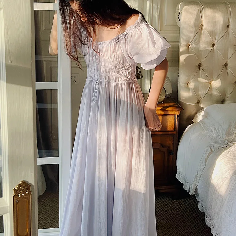 레트로 스타일 블루 요정 잠옷 여름 고급 면 루즈핏 여신 홈웨어 달콤하고 귀여운 여성용 나이트가운