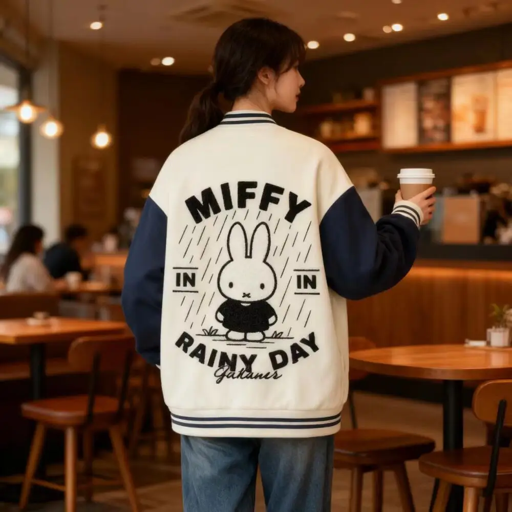 

Бейсбольная майка Miffy, куртка с капюшоном и толстовкой на молнии, милый мультяшный стиль для пары, свободная спортивная одежда, одежда с принтом