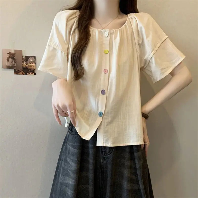 Summer Large Size Women's Clothing New Solid Color Commuter Style Loose and Thin Round Neck Bubble Sleeve Candy Button Shirt