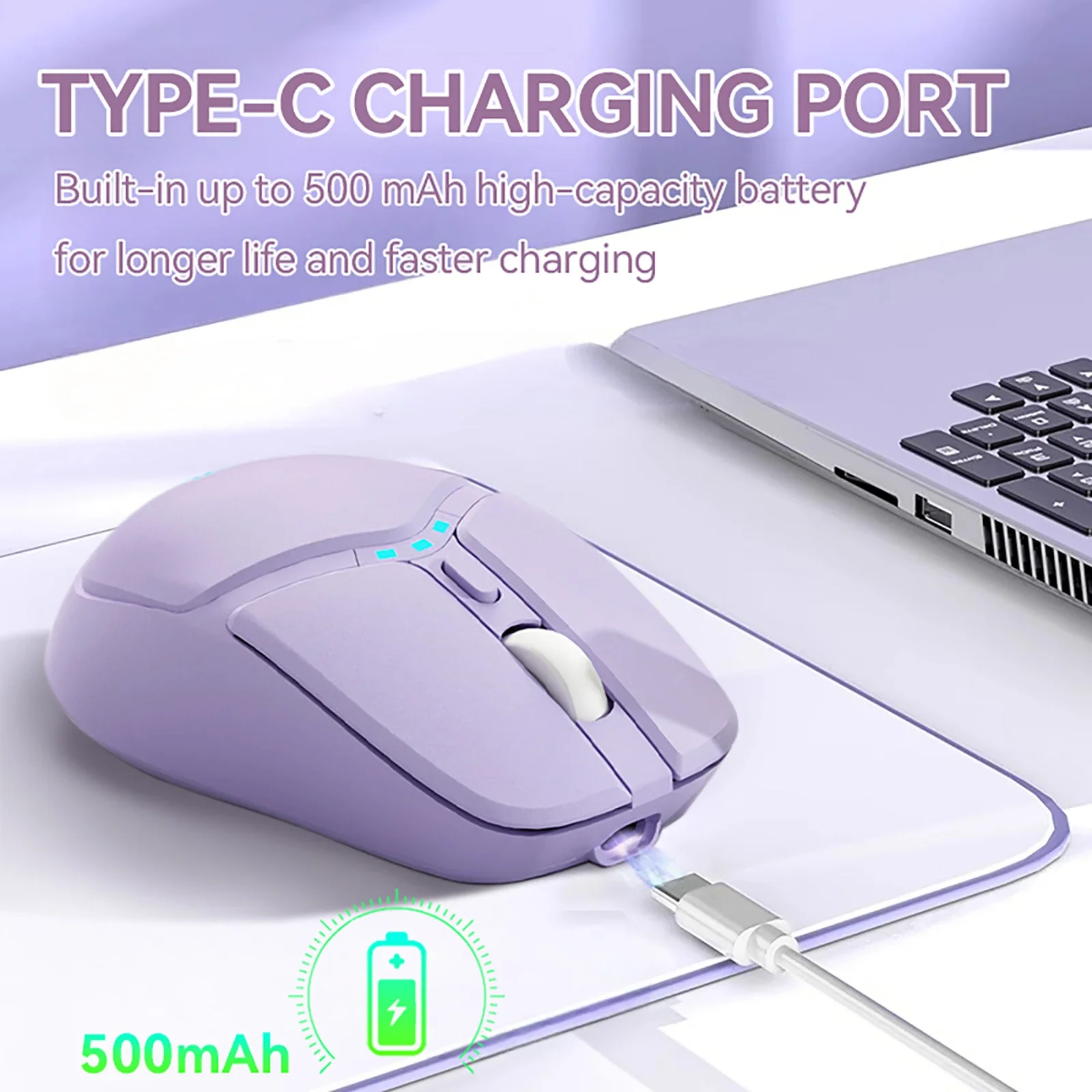 Souris d'ordinateur portable sans fil, silencieuse, violette, mignonne, avec indicateur de batterie, charge 2.4G de Type C, conception adaptée au bureau pour femmes