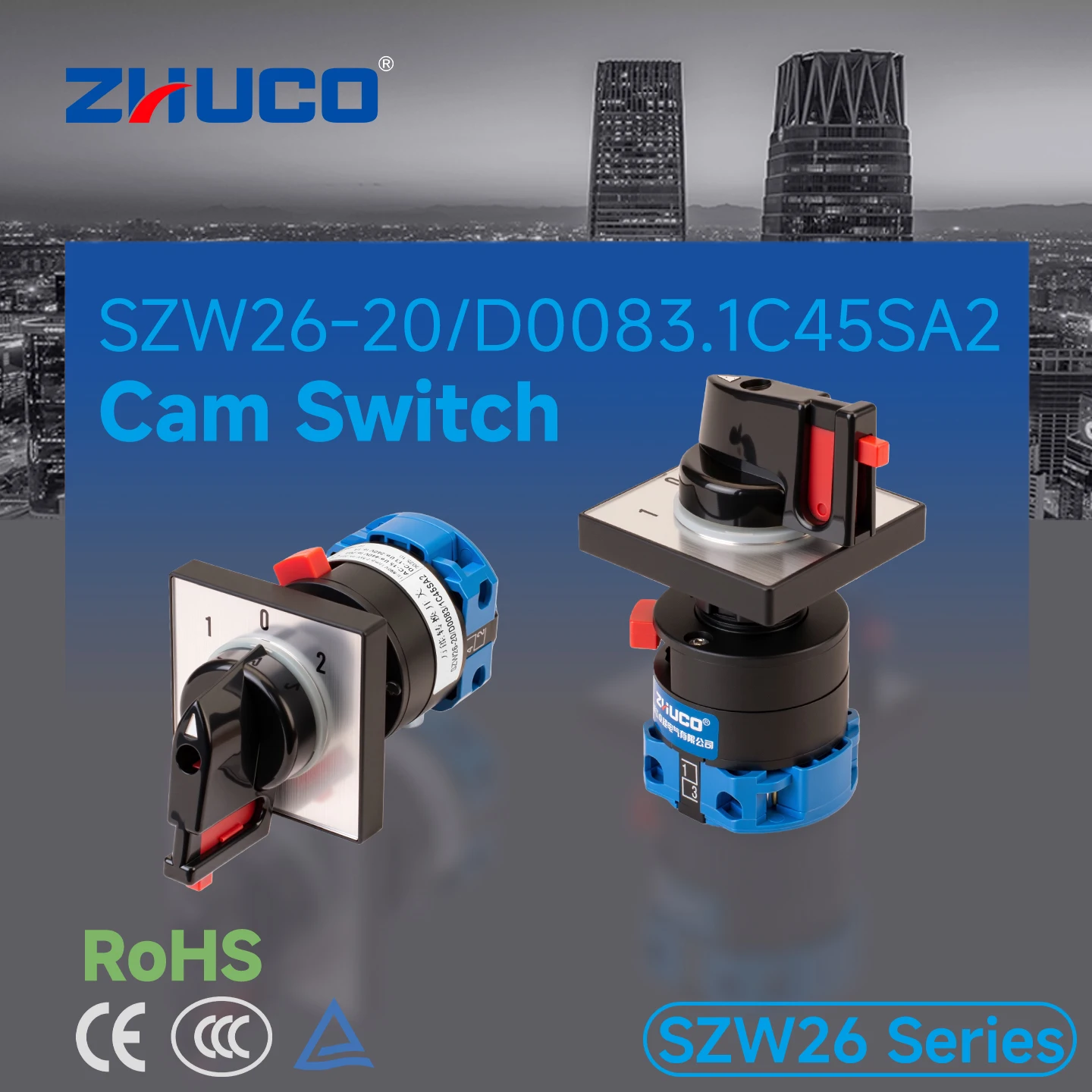 Zhuco 2/3 Position Selector Switch 20A 690V, 4-Terminal Universal Rotary Cam Selector with Locking Switch, Suitable for Distribution Cabinets, Machine Tools, Industrial Panels (Szw26-20/C45Sa2, on Off On, on Off, on on)