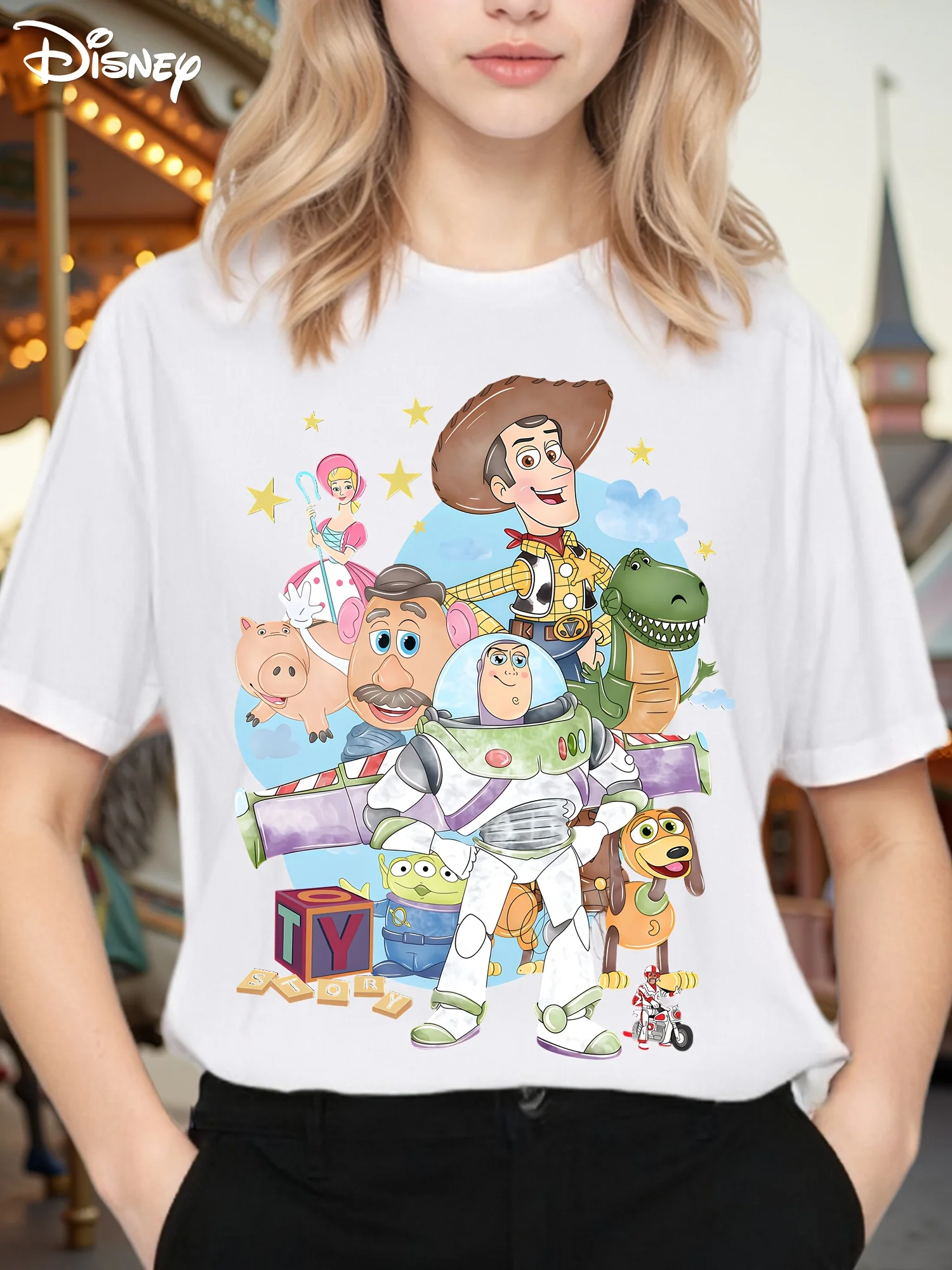 تي شيرت نسائي من Disney Toy Story - تي شيرت كبير الحجم مريح بنسبة 100% بأكمام قصيرة، تي شيرت برسومات Woody & Buzz Lightyear مع جيسي #1