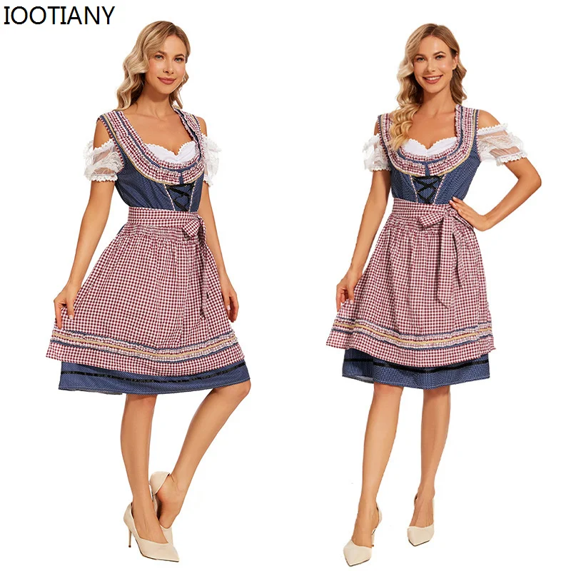 German Munich Oktoberfest Dress Bavarian National Traditional Plaid Beer Costume Maid Cosplay Costume Adult Carnival Party Set