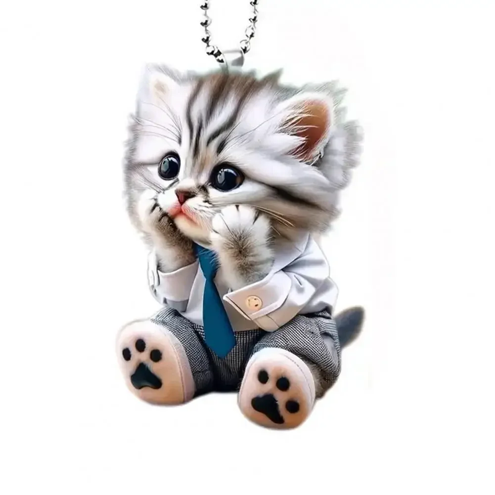 Car Pendant Hanging Ornament With Chain Realistic Animal Cat-Shaped Rearview Mirror Hanging Decor Car Interior Accessories