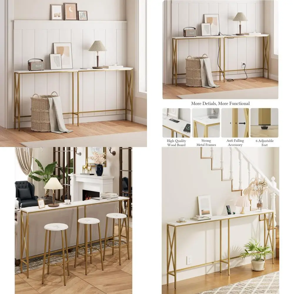 

Modern Industrial Console Table, Slim Long Sofa Table, White Marble Top for Hallway and Living Room