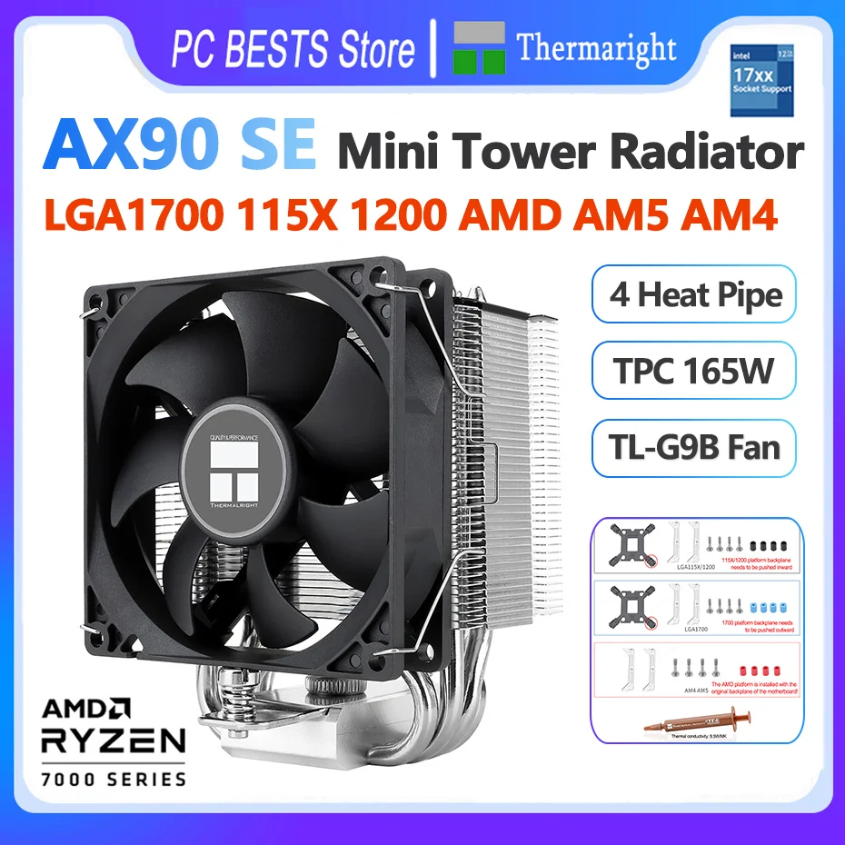 

Радиатор Thermalright AX90 SE, кулер для ЦП с 4 тепловыми трубками, мини-башенный 90 мм, ШИМ-вентилятор охлаждения, кулер для ЦП Intel 1700 115X 1200 AM5 AM4