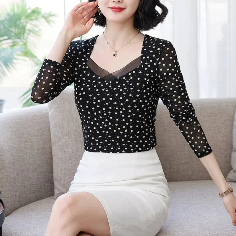 New Spring and Autumn Women\'s Style Square Collar Long Sleeve Slim Thin Gauze Printed Pullovers Trendy Commute All-match Tops