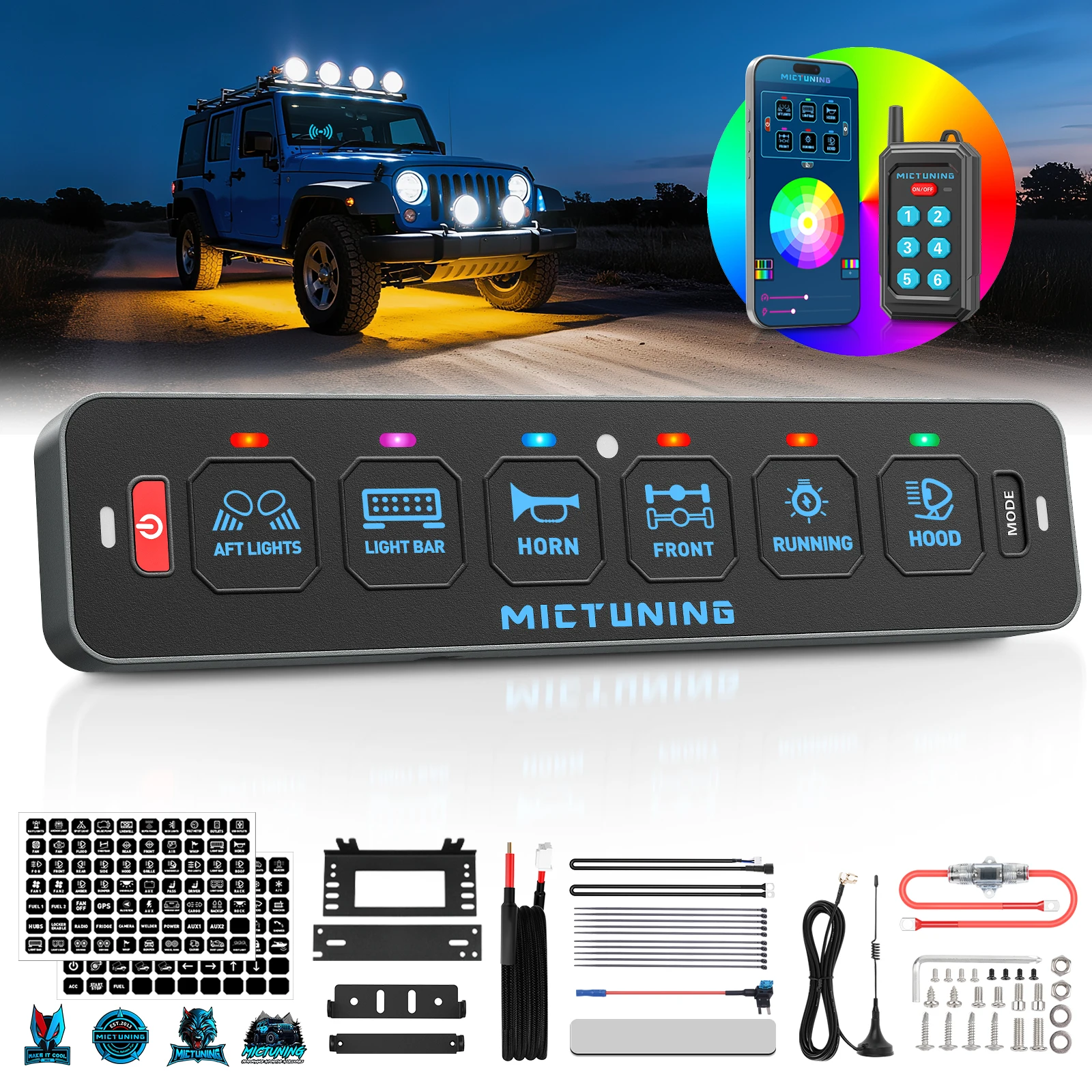 MICTUNING 6-Pod switch panel with Wireless App and Mini Remote Control, Featuring RGB Auto-Dimming Backlighting for Off-roads