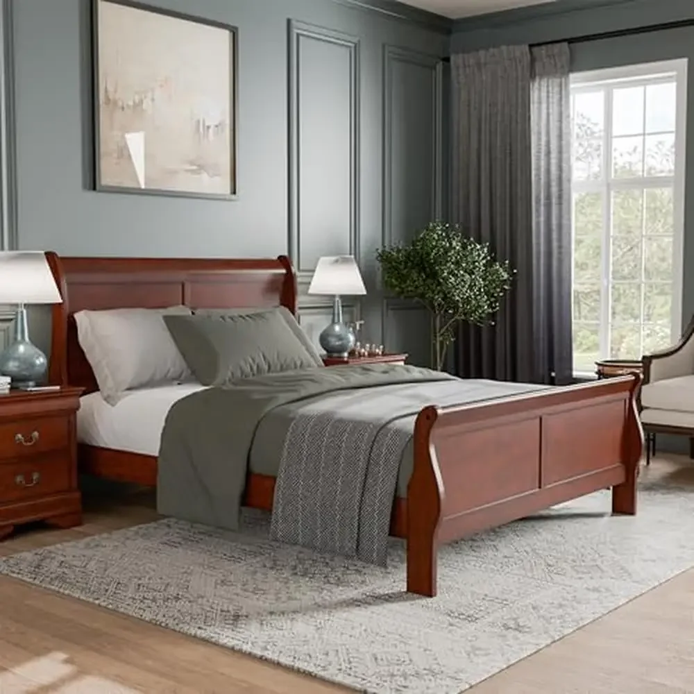 Wooden King Bed Frame Traditional Sleigh Design Box Spring Required Cherry Finish Ample Storage Space 88