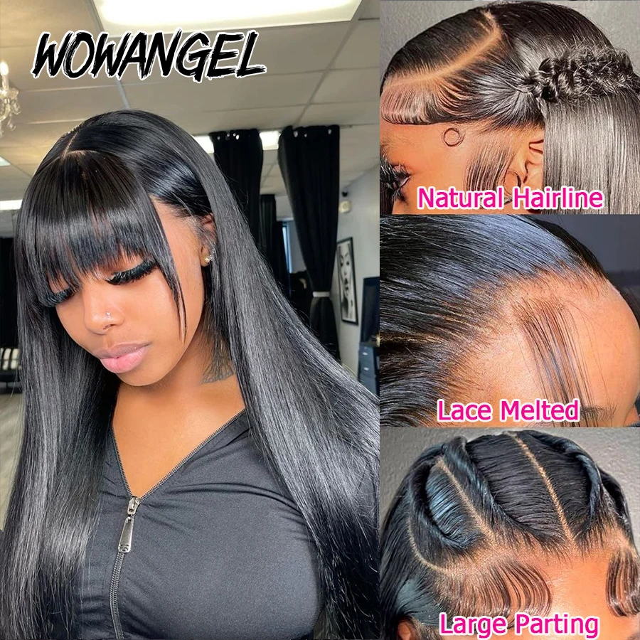 WOWANGEL Bone Straight Wig With Bangs 13x6 HD Парик из натуральных волос на кружеве спереди Бразильский Vrigin Skinlike HD Кружевные фронтальные парики для женщин