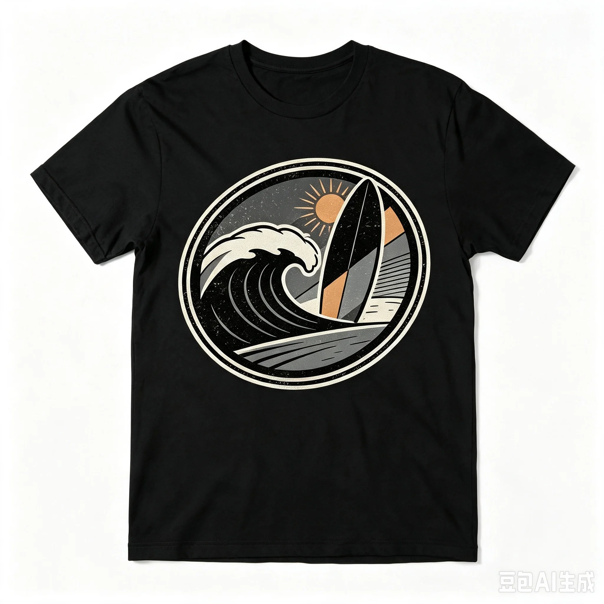 Vintage Surf Wave Sun Graphic Men T‑Shirt Retro Surfboard Circle Badge Casual Short Sleeve Tee