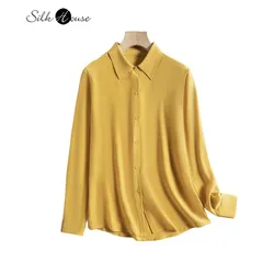 100% Natural Mulberry Silk Crepe De Chine Turn-Down Collar Yellow OL Style Versatile Commuter Women's Autumn Long Sleeved Shirt