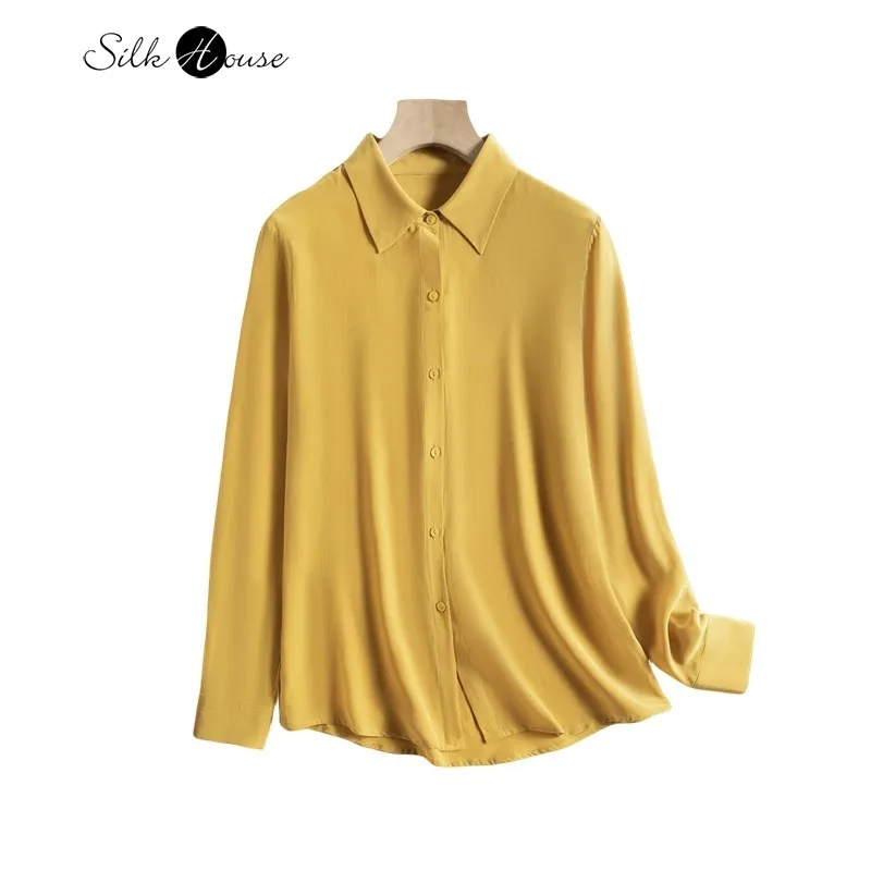 100% Natural Mulberry Silk Crepe De Chine Turn-Down Collar Yellow OL Style Versatile Commuter Women's Autumn Long Sleeved Shirt