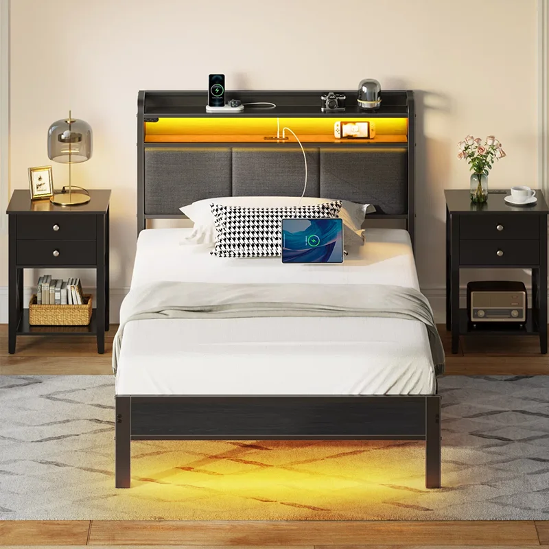 # Modern Simple Upholstered Lighting Bed with Bookcase Headboard Shelf and Charger
