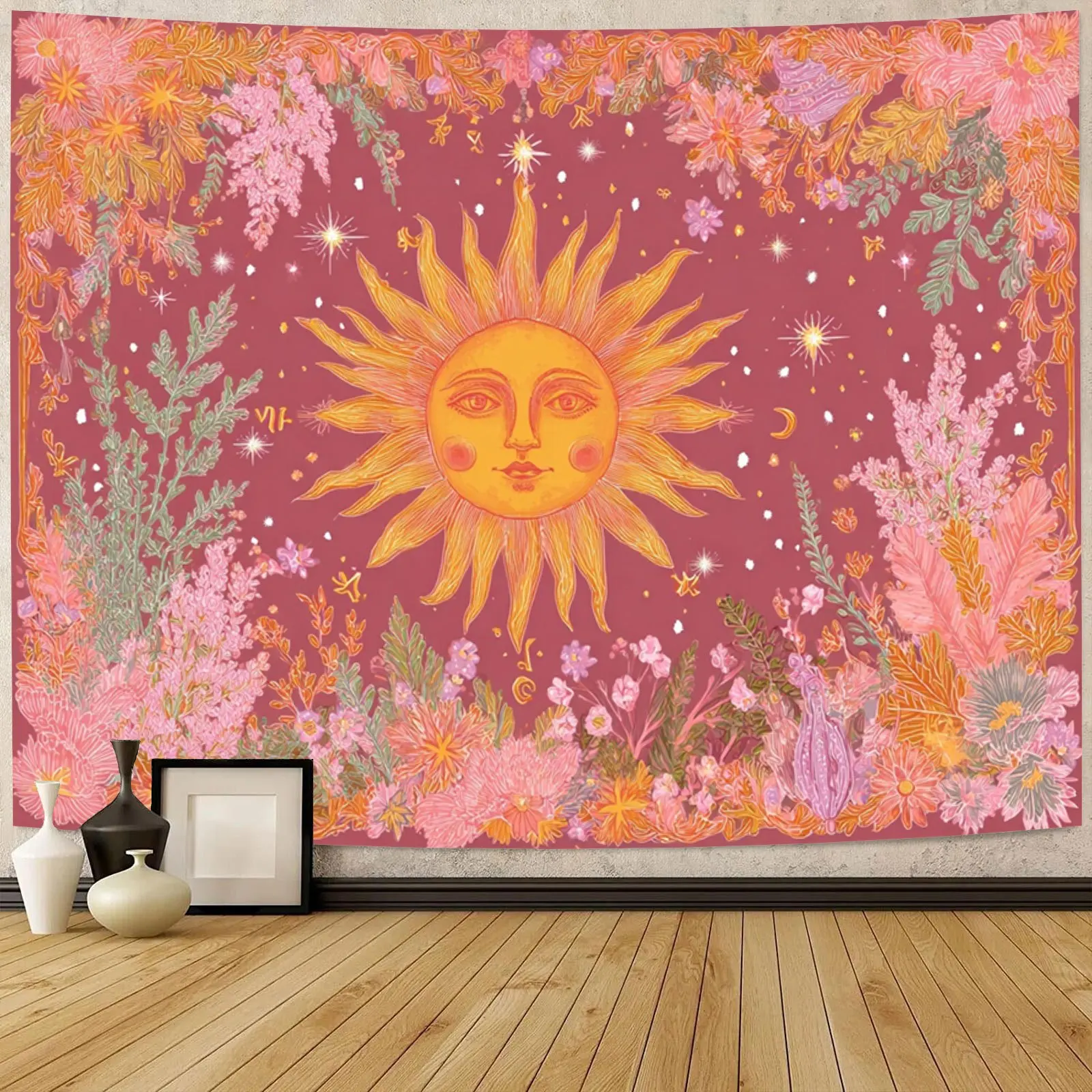 Bohemian Sun and Moon Wall Tapestry - Horizontal Celestial Bedspread-Fitting Design in Sun/Moon Phases for Dorm Room, Decor - Li