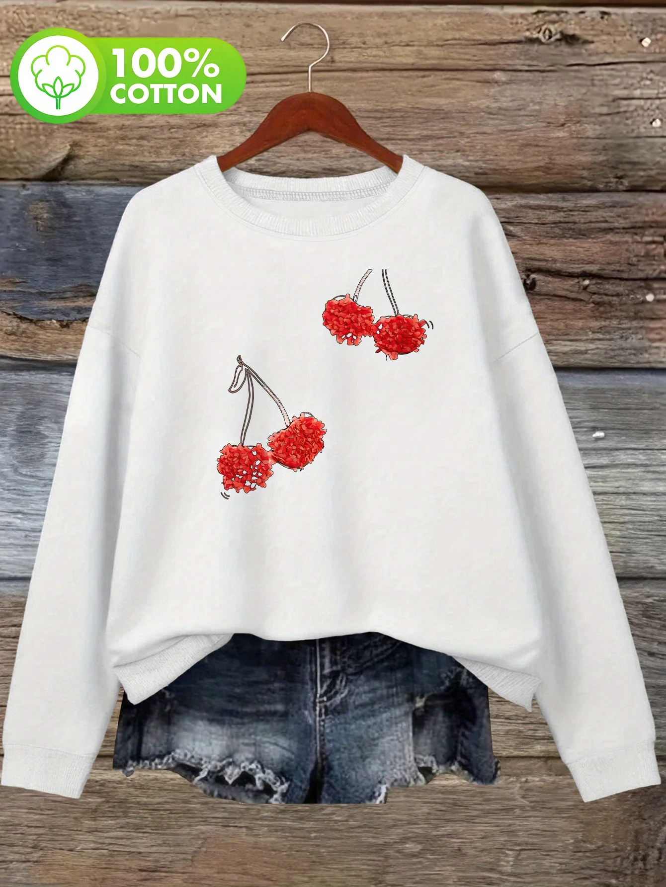 Maglione senza cappuccio da donna in cotone 100% divertente fragola e fiocco rosso art retrò casual girocollo maglione quattro stagioni comodo