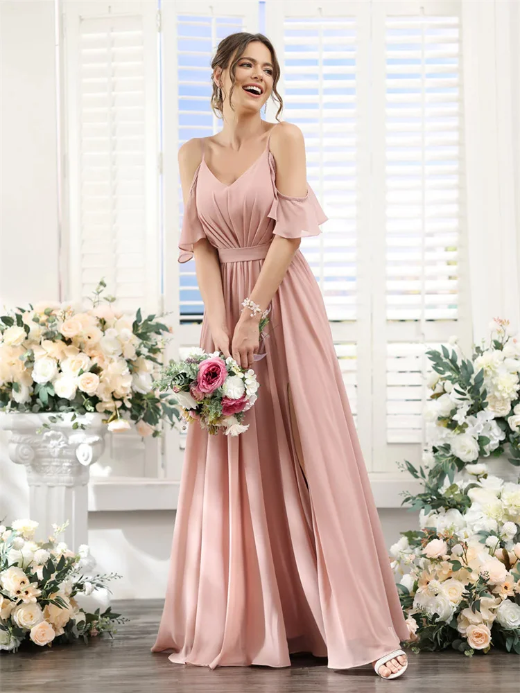 

A-Line Off-The-Shoulder Sleeveless Chiffon High Slit Long Bridesmaid Dresses With Pockets Elegant Wedding Guest Dress for Women