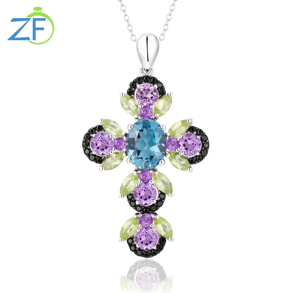 GZ ZONGFA Shiny Natural Women Topaz Amethyst Cross Pendant Necklaces Fashion Jewelry Gifts 925 Sterling Silver Jewelry