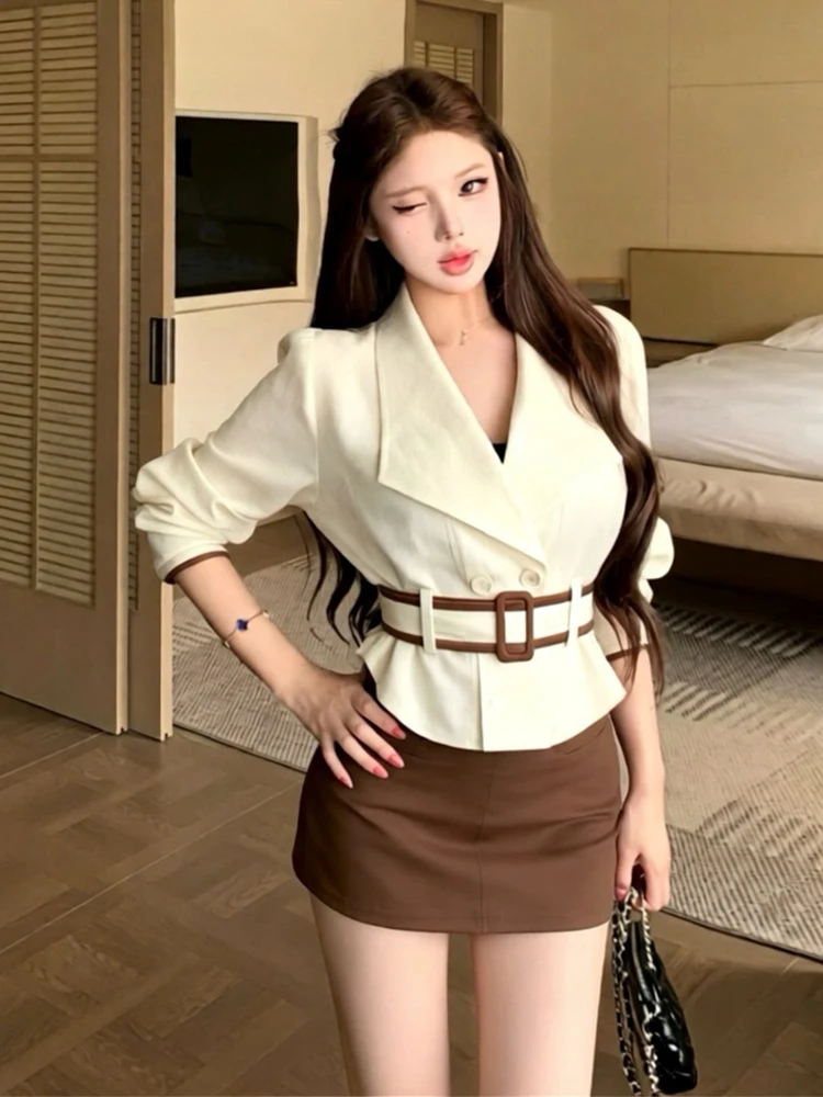 Retro Spicy Girl Double Row Button Suit Collar High Waist Slimming Asymmetrical Short Coat Design Sensation Half Skirt Set