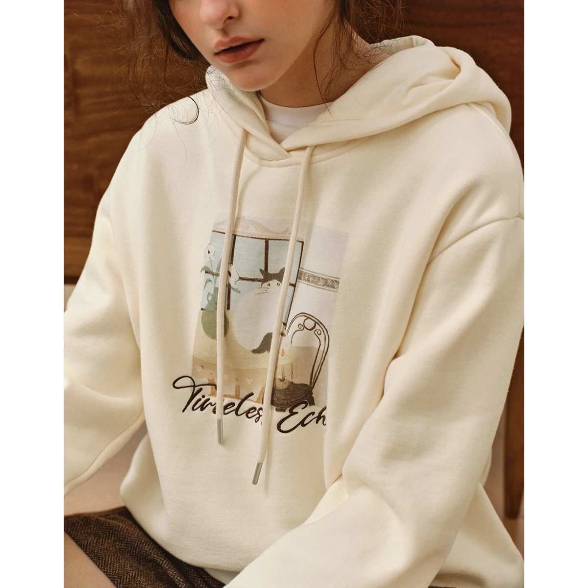 OLrain Women's Casual Hooded Sweatshirts 2025 Autumn New in Long Sleeve Loose Fun Print Tops Knitted Female Pullover O57QR001101