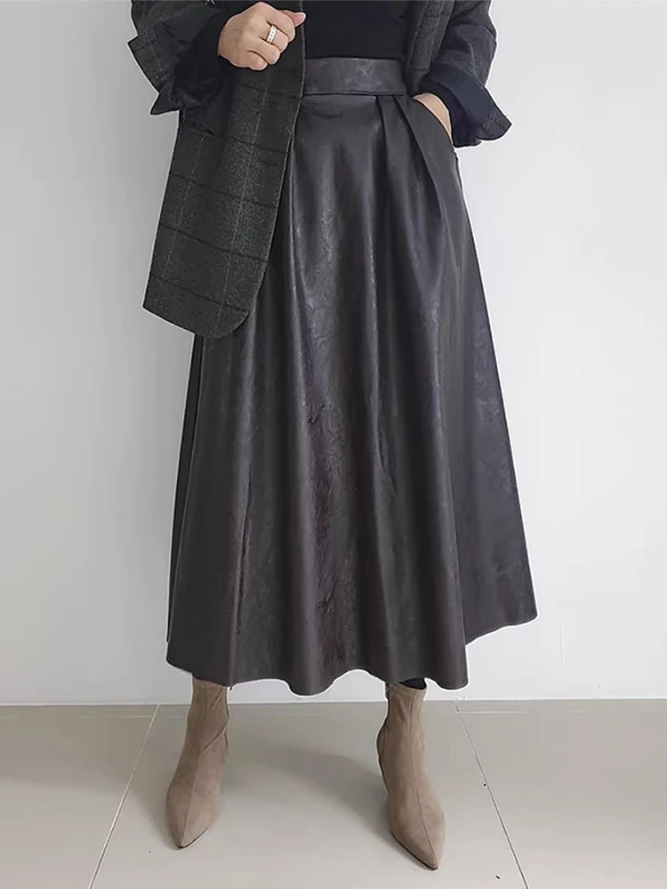 

Chic High Waist PU Leather Skirt Autumn Vintage Personali Match Loose Long A-Line Sle Pleated Versatile Casual f-lengt...