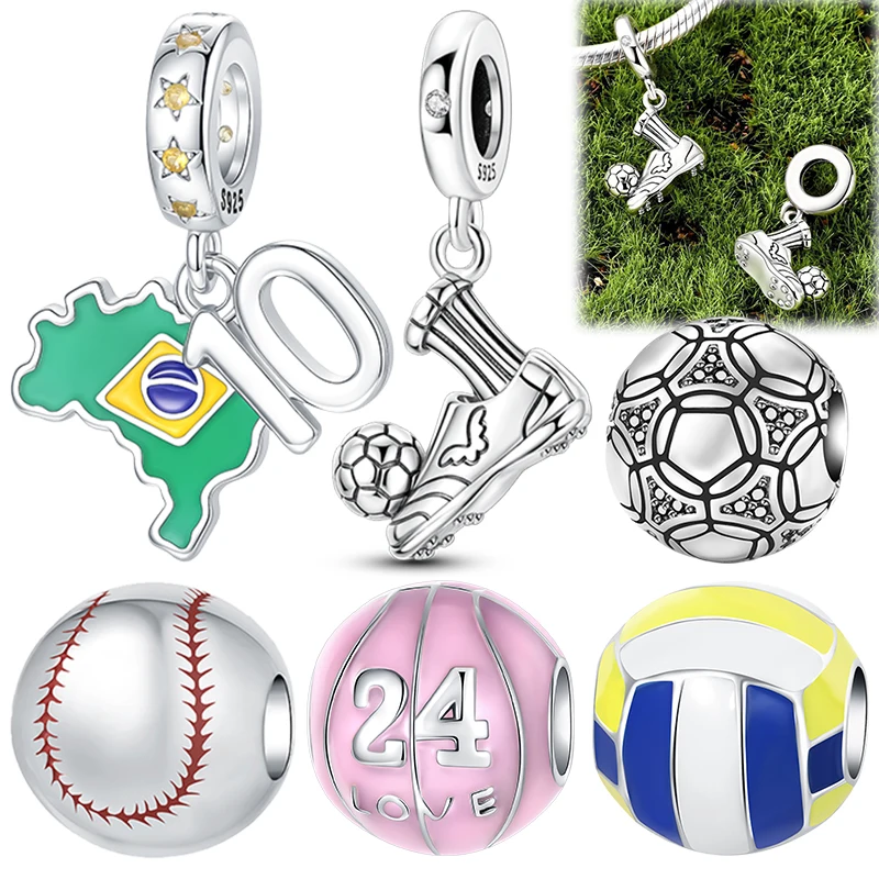 

925 Sterling Silver Baseball Basketball Volleyball Beads Soccer Football Sports Series Charms Fits European Bracelets Gift