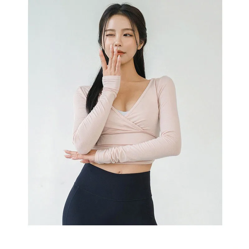 

Slim Fit V Neck Gym Crop Tops Women Yoga T-shirts Sports Top Long Sleeve Running Workout Shirts Quick Dry Fitness Dance Clothing