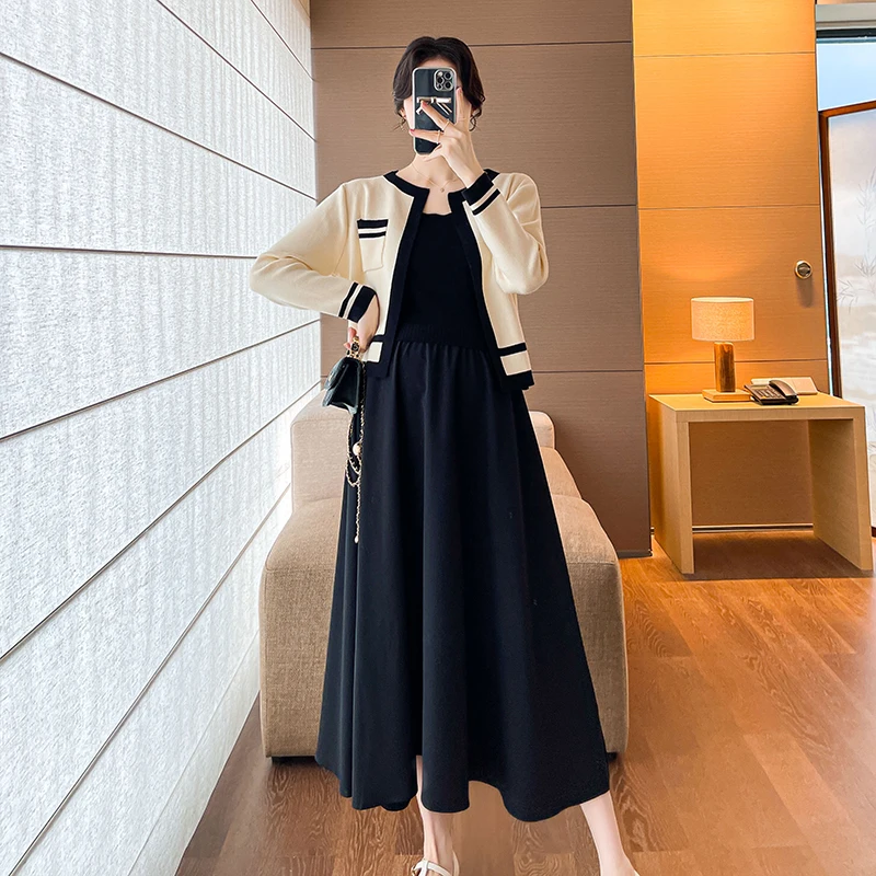 

2Pcs Maternity Dress Spring Clothes For Pregnant Women 2024 New Fashion Pregnancy Knit Cardigan Shirt & Sleeveless Dresses