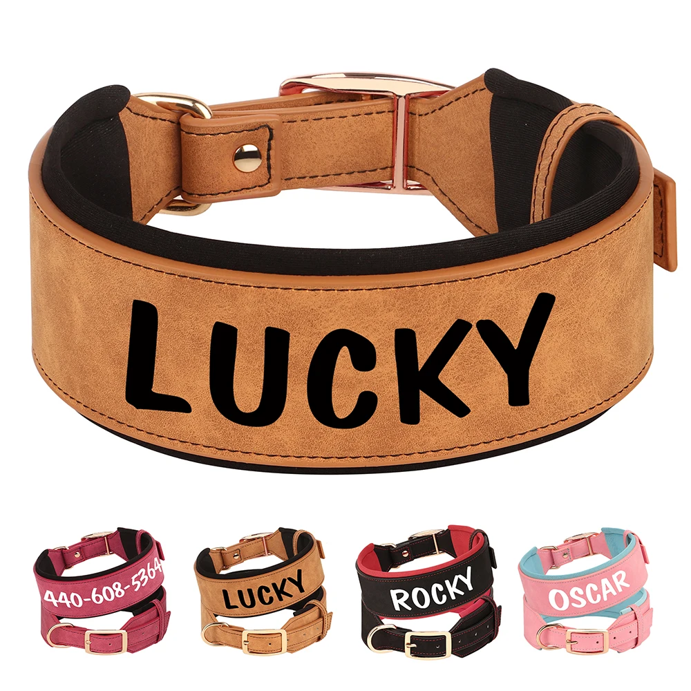 Customized Leather Dog Collar Personalized Wide Padded ID Collars Free Print Name Number For Medium Large Dogs Dogs Greyhound
