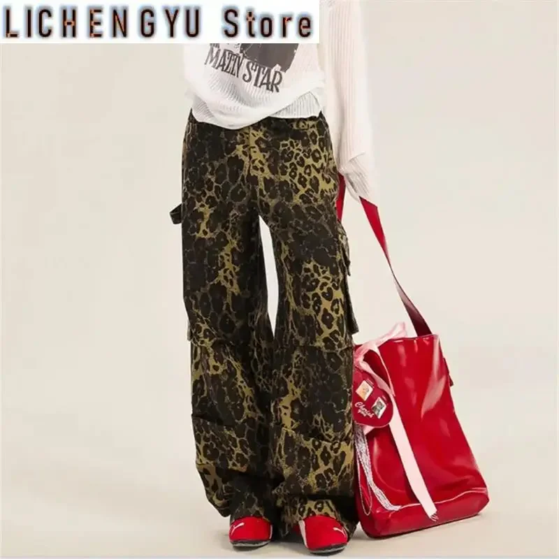 Women's Retro Washed Leopard Print Straight Wide-leg Pants Cool Girl Street Fashion Female High Waist Baggy Unisex Trousers