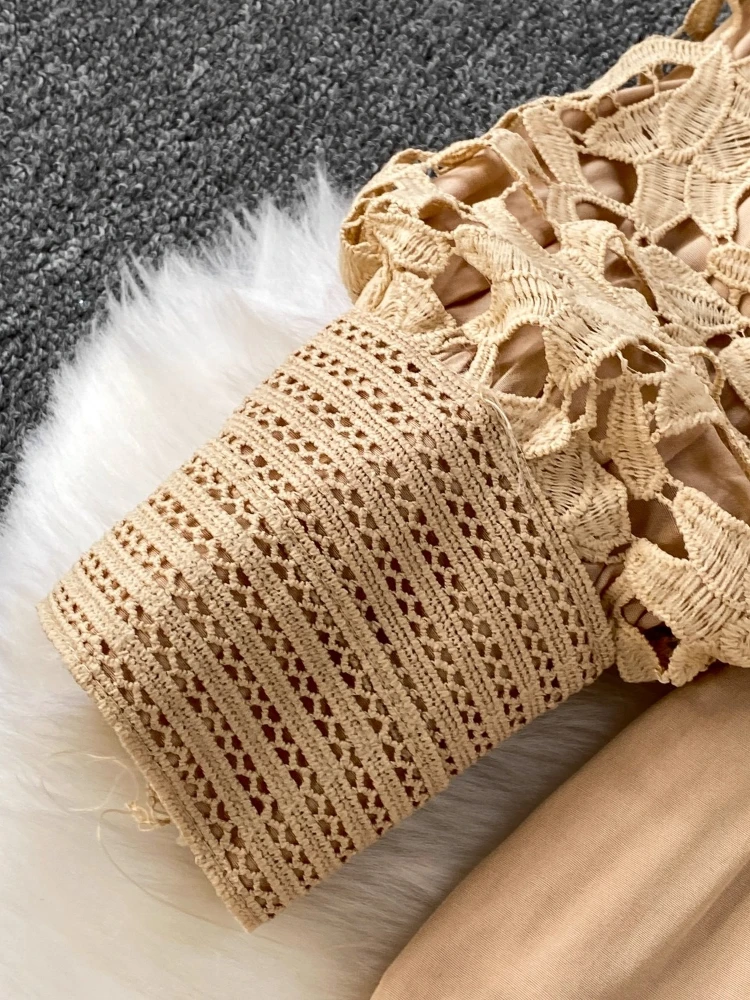 Autumn Skirt Sets Women Clothing Elegant 2-Piece Set Patchwork Lace Blouses High Waist Hollow Out Long Skirts Suit Summer Outfit