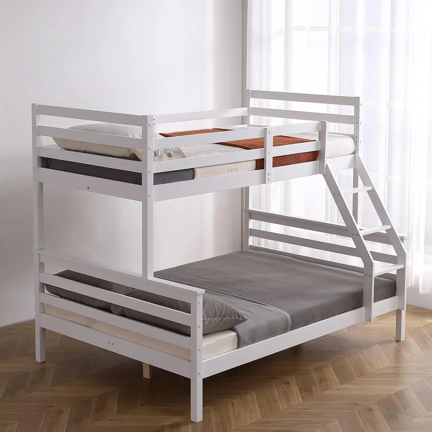 Wooden Bed Low Twin Over Twin Bunk Bed with Fence Slide and Ladder Bed Frames for Toddlers Kids Boys Girls (Twin XL)