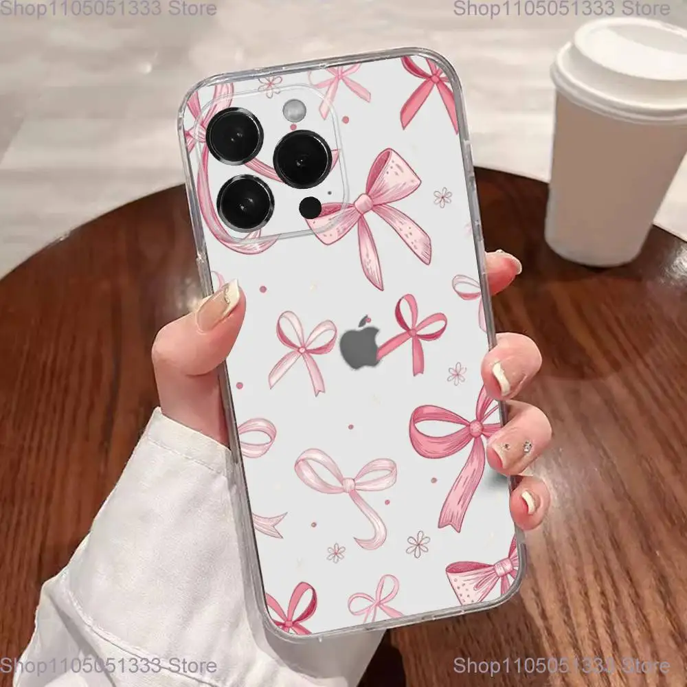 حافظة هاتف كورية لطيفة على شكل فيونكة وردية لهاتف آيفون 17,16,15,14,13,12,11 Plus,Pro,Max,XR,XS,Plus,E,SE4,غطاء شفاف صغير