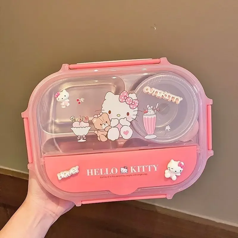 Sanrio Kuromi Hello Kitty 304 Stainless Steel Lunch Box Cute Children's Lunch Box with Soup Bowl Four-compartment Dinner Plate