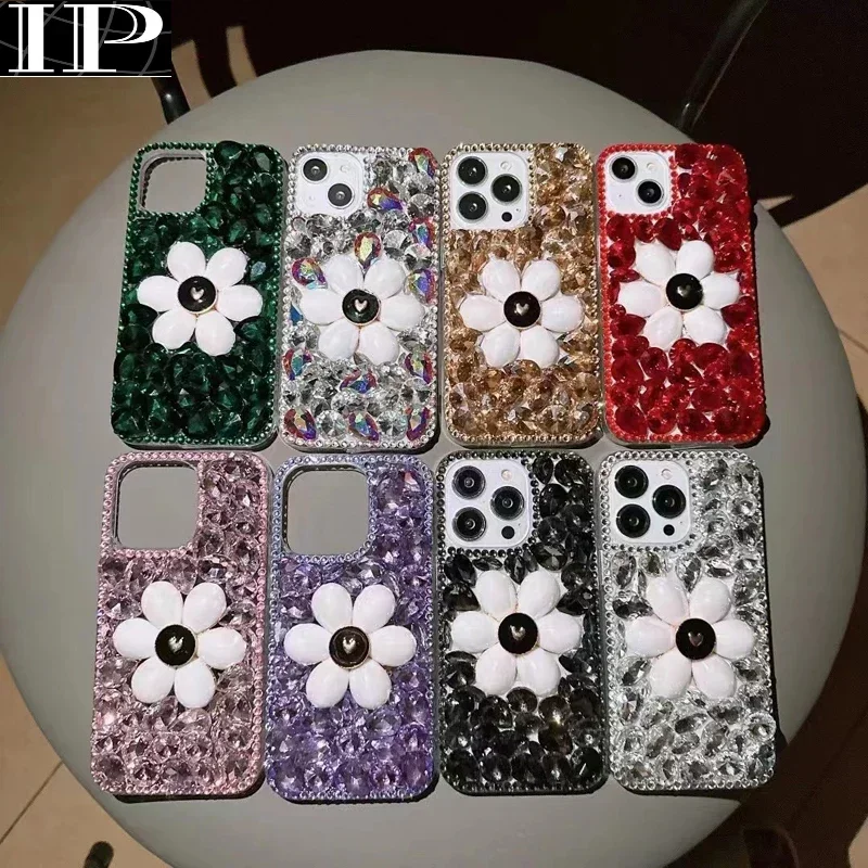 Rhinestone Phone Case for Iphone 15 14 13 12 11 Pro MAX XR 7 8 PLUS Luxury Fashion Case for Women Flower Decor Glitter Diamond