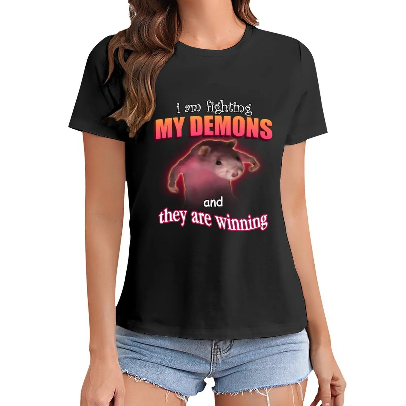 

I'm fighting my demons and they are winning word art meme T-Shirt sweat oversized black t-shirts for Women