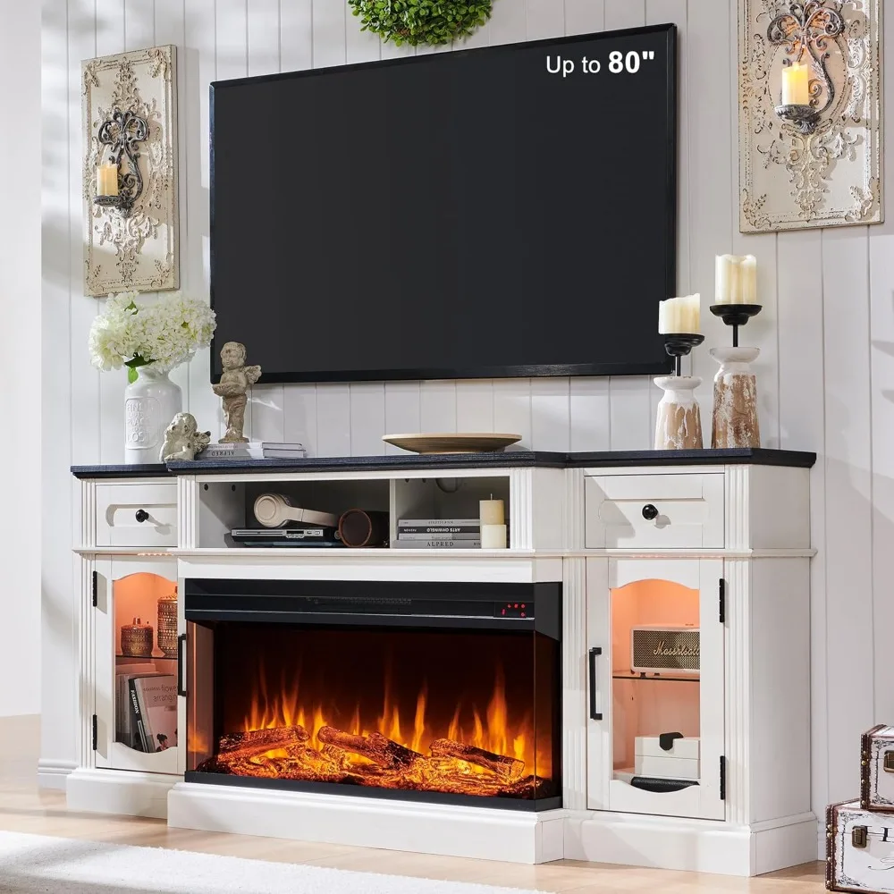 

Electric Fireplace TV Stand for 80-Inch TVs: Entertainment Center with 36 3-Sided Glass Fireplace and Additional Storage