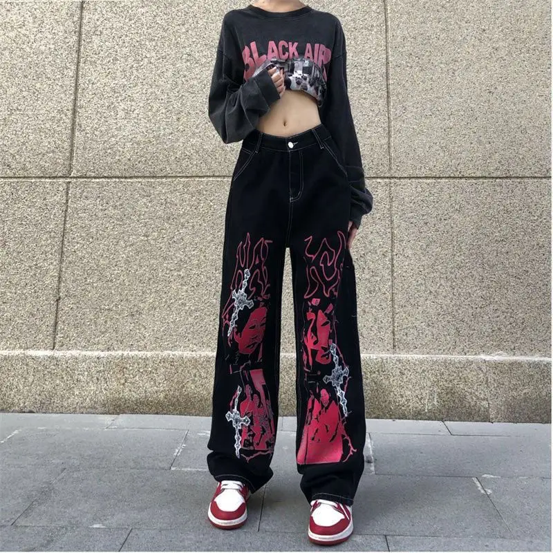 Jeans Printing Hip Hop Y2K Women Black Streetwear Fashion Spring Autumn Oversize Pants Vintage Loose Straight Trousers