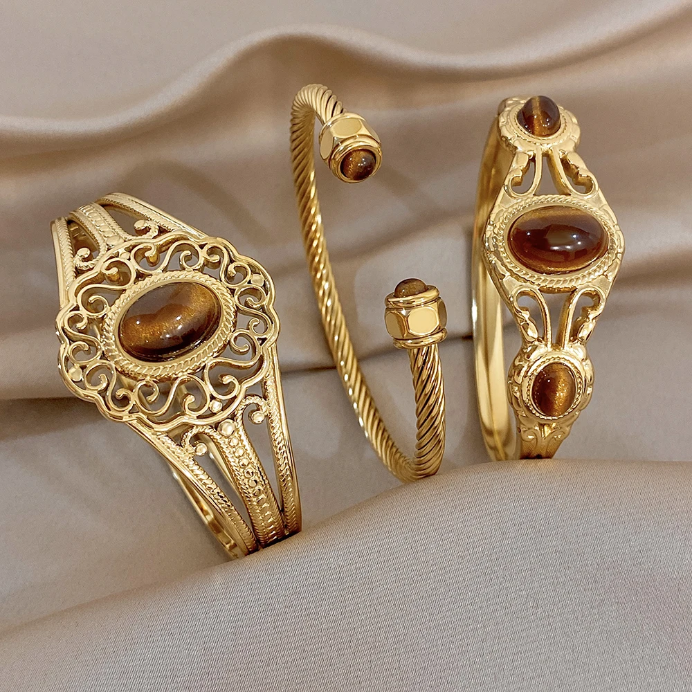 Freetry Classic Tiger Eye Stone Inlaid Stainless Steel Open Bangle For Women Hollow Golden Cuff Wide Bracelet Waterproof Jewelry