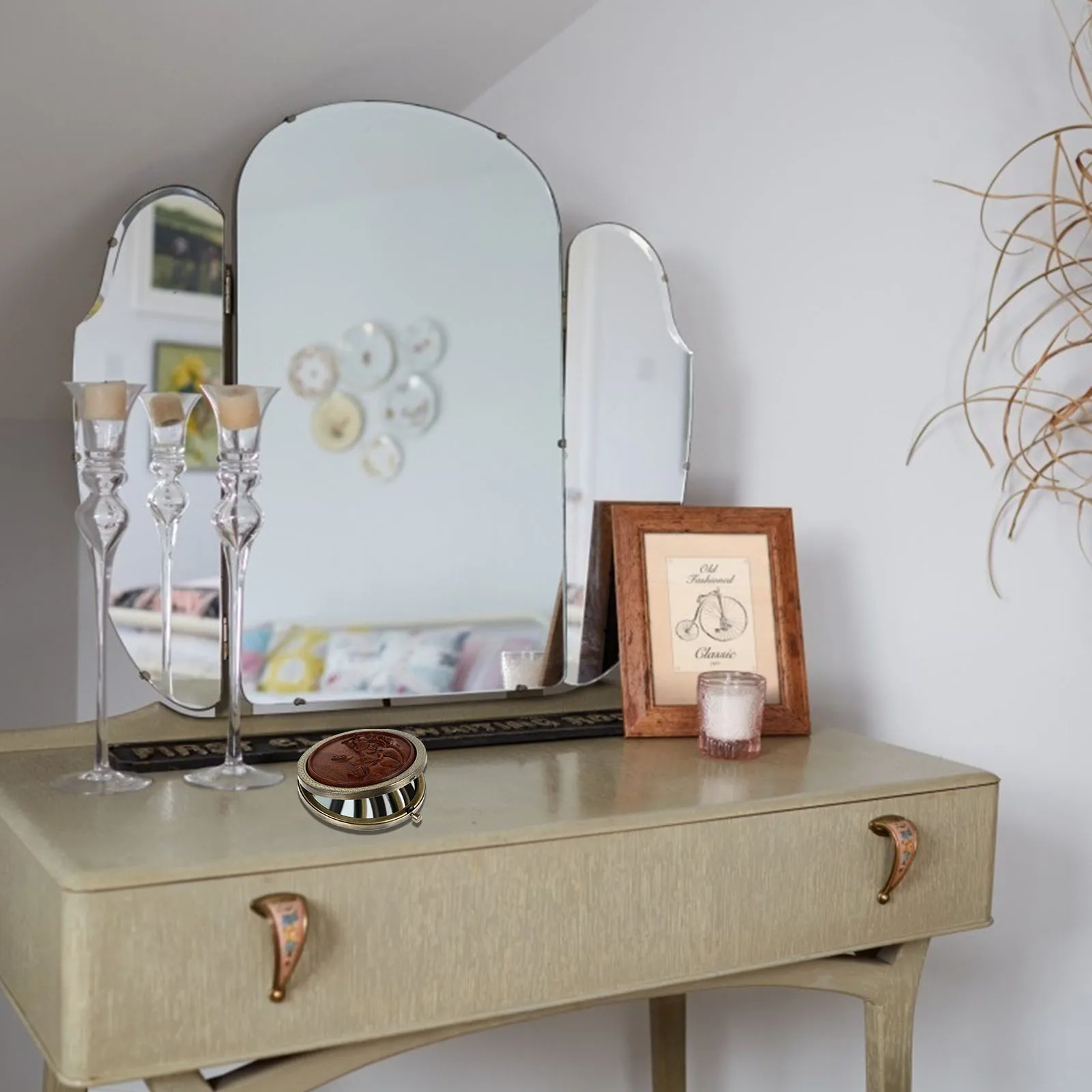 Espelho de metal de madeira redondo dobrável compacto de maquiagem portátil para viagens pequeno espelho de beleza portátil leve