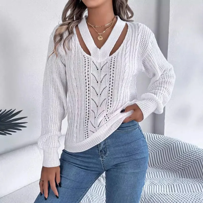 2025 Autumn and Winter Casual Hollow V-neck Twist Lantern Sleeve Pullover Sweater Women's Clothing