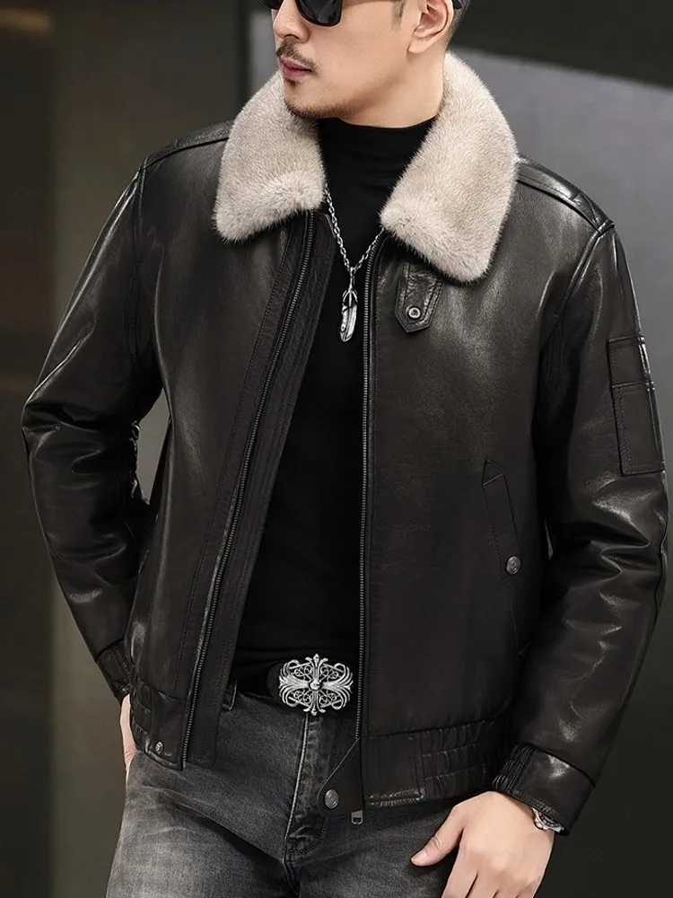 Winter Mens Fashion Overcoat Black Loose Warm Mink Fur Lining Turn Down Fur Collar Sheepskin Genuine Leather Jacket Outwear Coat - Image 2
