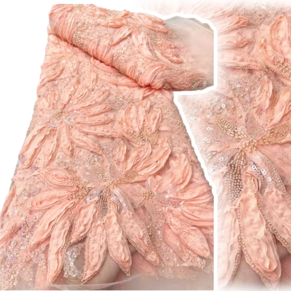 

Latest French 3D Flower Beaded Tulle Lace Fabric High Quality African Lace Fabrics With Sequins For Evening Party Dresses 2016