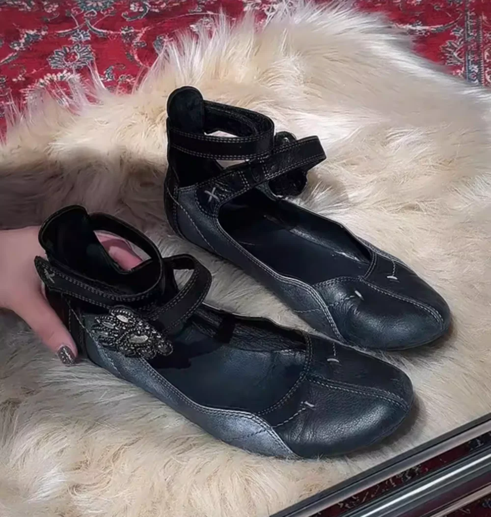 Black Distressed Leather Mary Jane Flats Crystal-Embellished Floral Accent Adjustable Ankle Strap Round Toe Retro Lady Shoes view 4