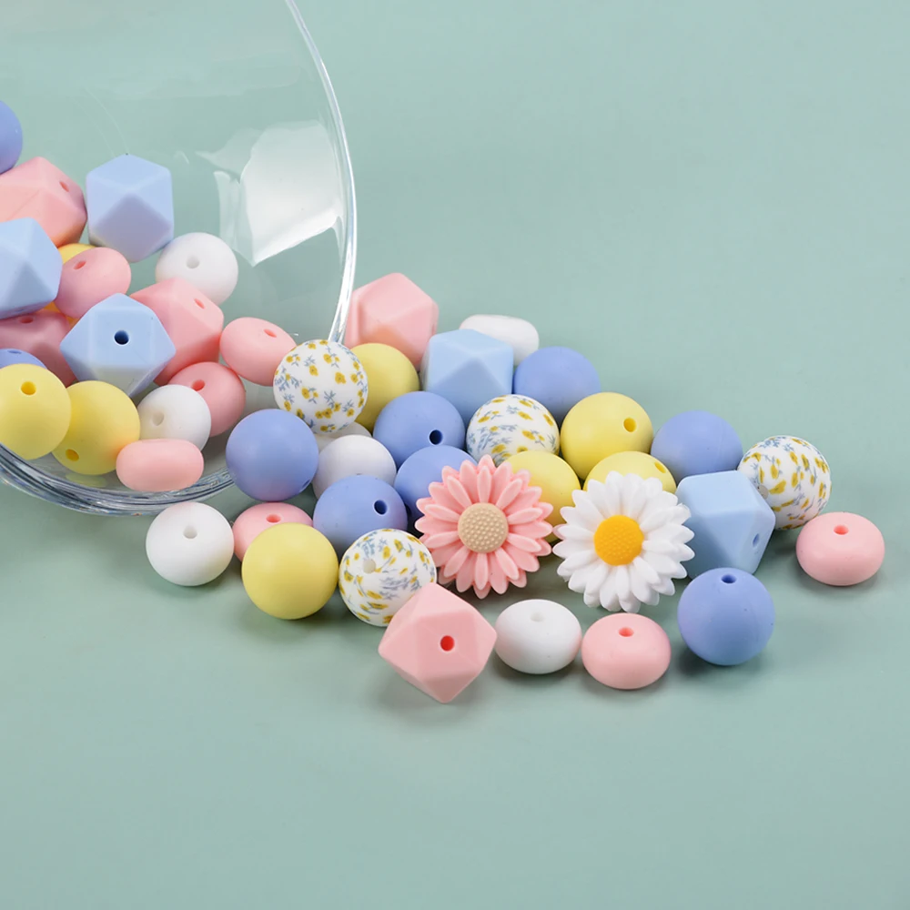 LOFCA  57pcs 22 mm Daisy round Loose silicone beads Silicone necklace DIY necklace Silicone beads BPA free Jewelry accessories