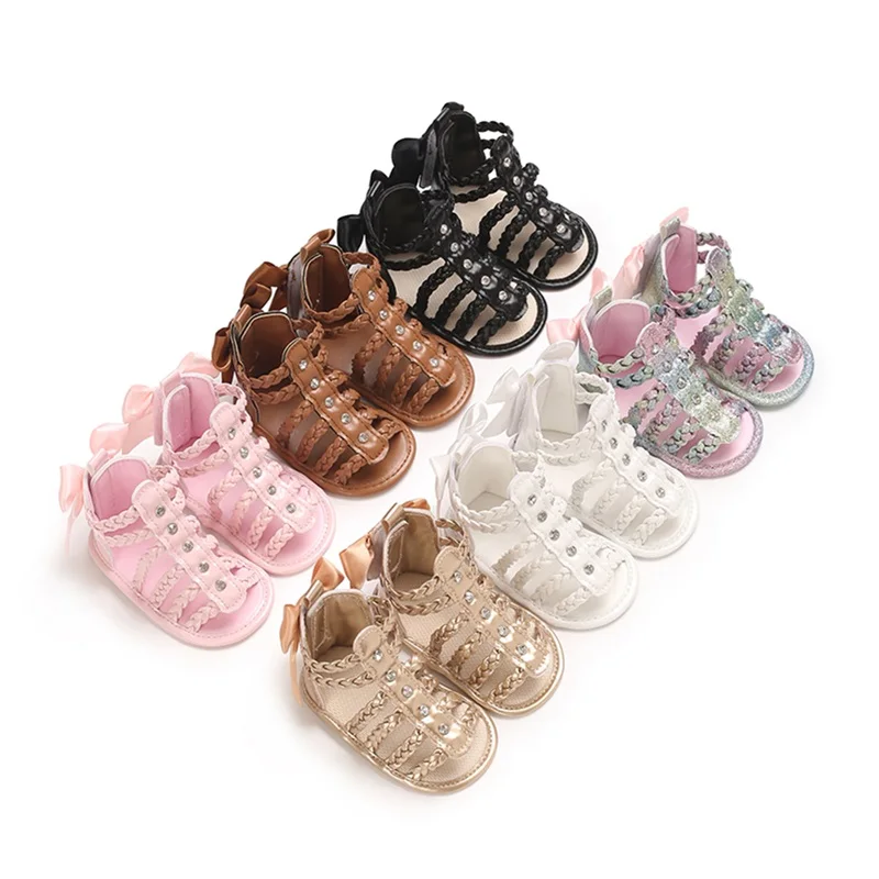 Baby Girl Shoes Sandals PU Leather Braided Non-slip Bowknot Summer White Flats Toddler Shoes for Casual Daily